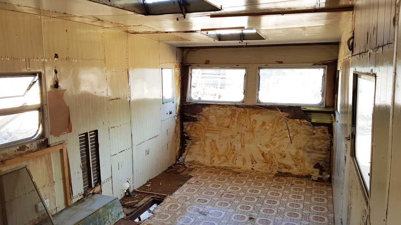 Caravan gutted and stripped back to its bare bones for assessment